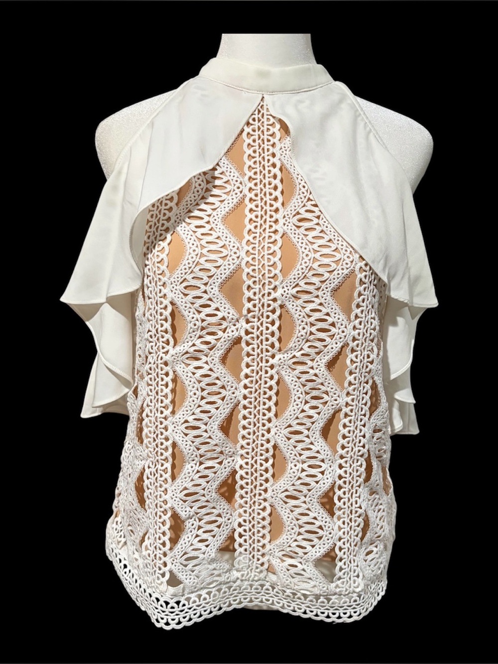 Lucy Paris White Scalloped Lace Mock Neck Top
